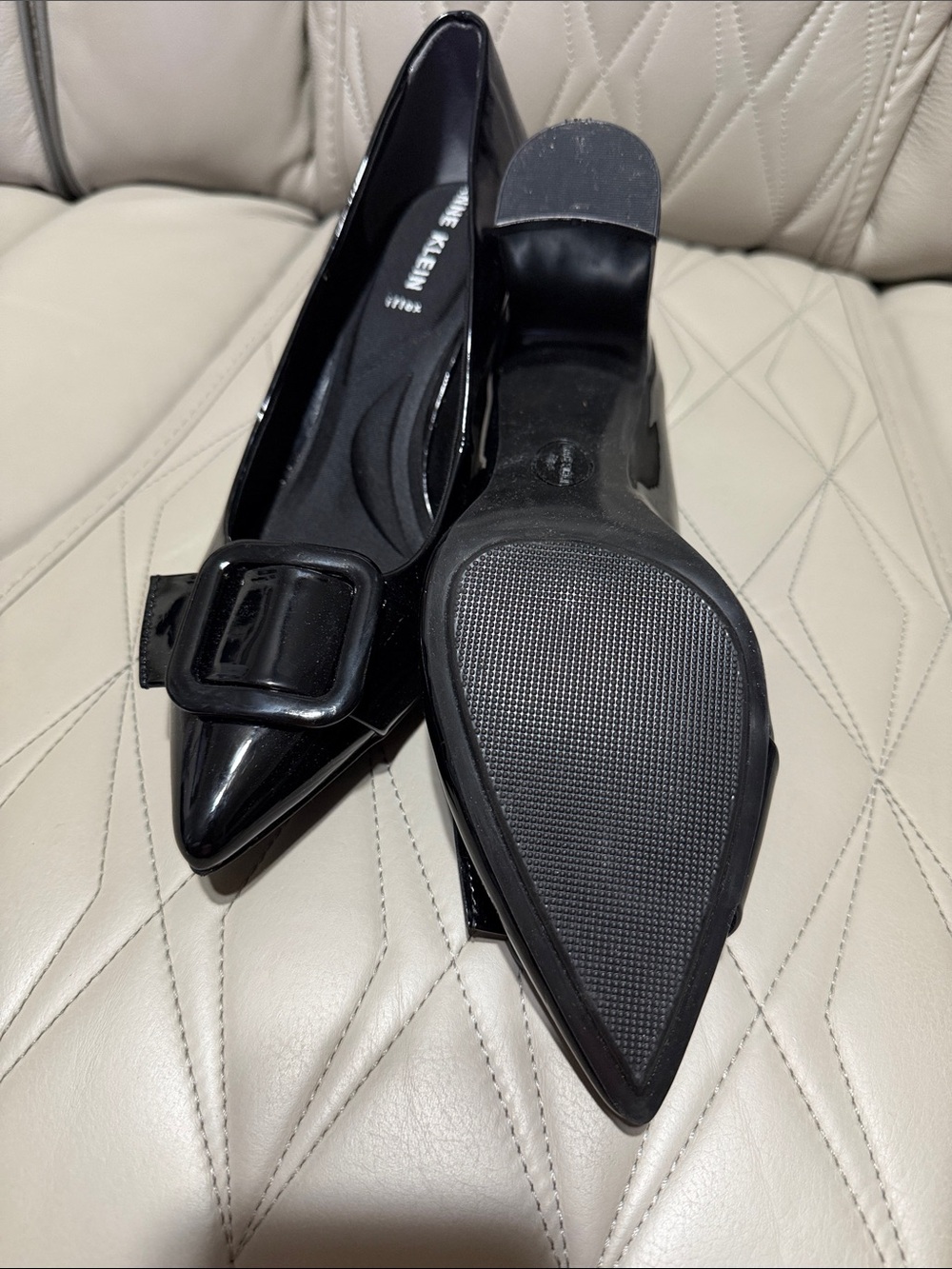 Anne Klein Black Patent Block Heel Pumps with Decorative Buckle - Picture 10 of 10